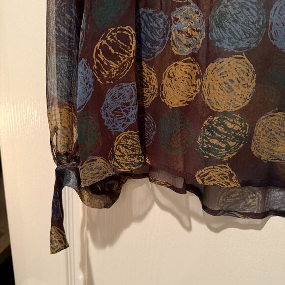BCBGMaxAzria | Silk + Lace Sheer Patterned Blouse | Brown/Navy | Size: L - Picture 2 of 10